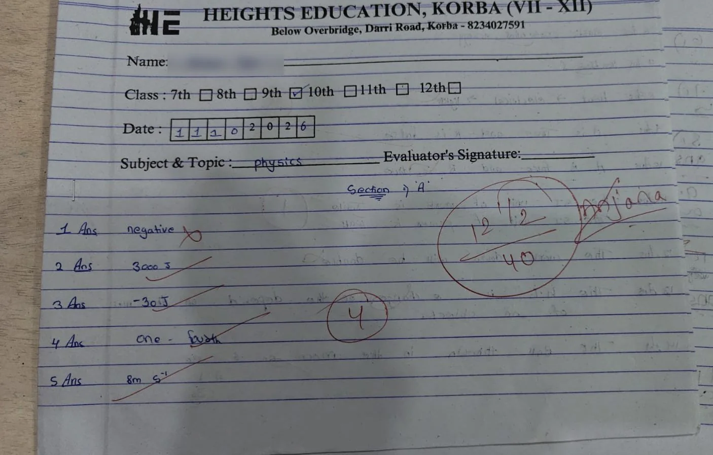 A checked Heights Education answer sheet
